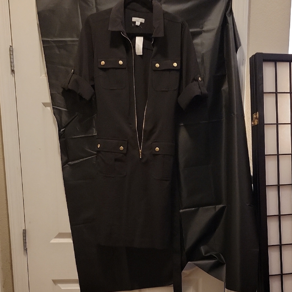 New York & Company Black Dress with Gold Details with belt